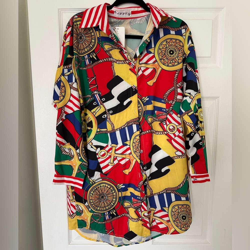 Versace-Inspired Colorful Graphic Oversized Button-Up Shirt